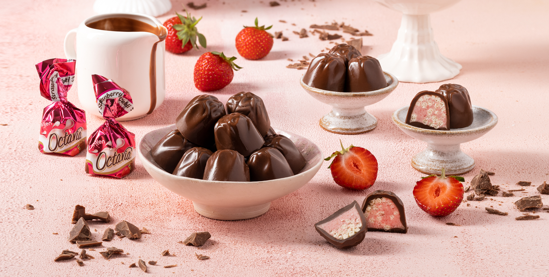 Milk Chocalate with Crispy Rice and Strawberry Cream